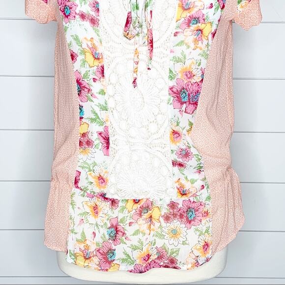 Daniel Rainn Crochet Floral Peplum Top Pink Green Yellow Small - Picture 3 of 8